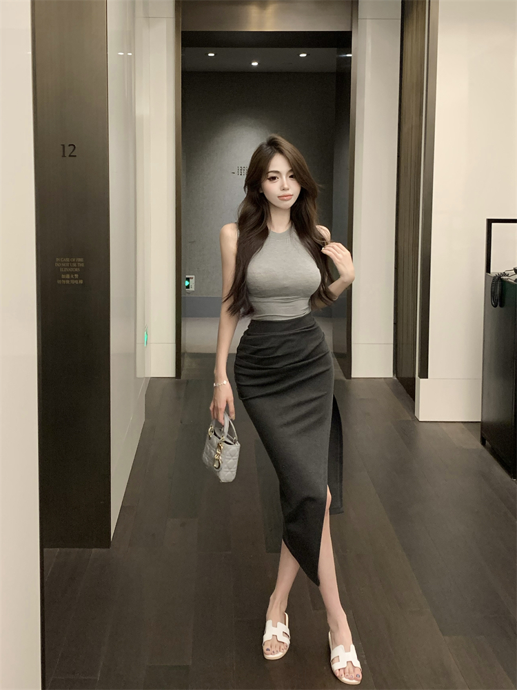 Split tight long skirt gray high waist vest 2pcs set