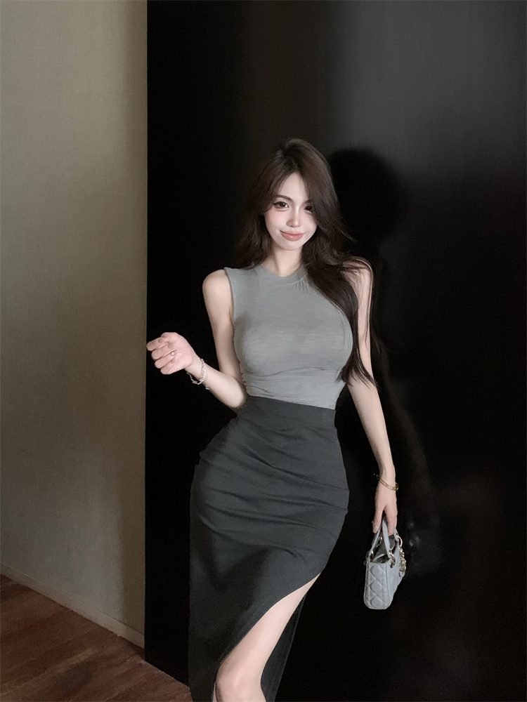 Split tight long skirt gray high waist vest 2pcs set