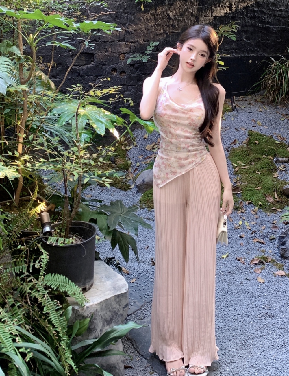 Floral summer small sling high waist wide leg pants a set