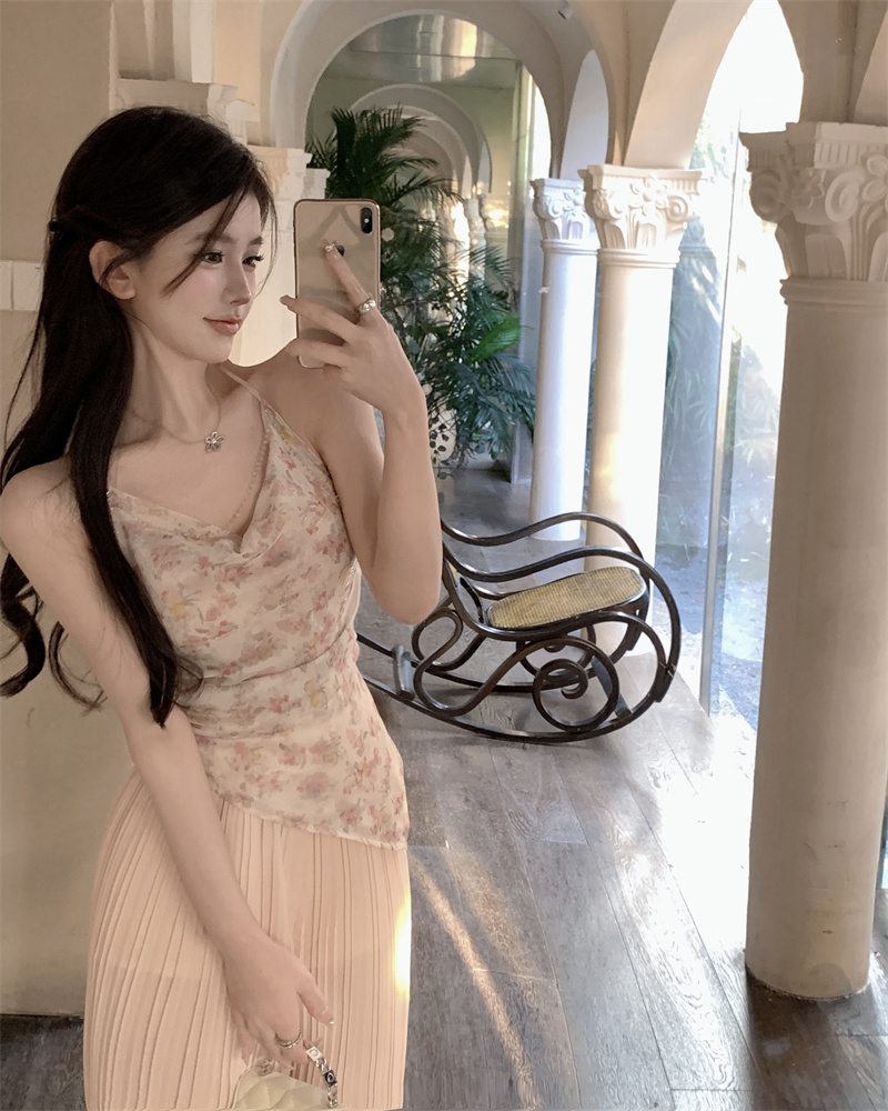 Floral summer small sling high waist wide leg pants a set