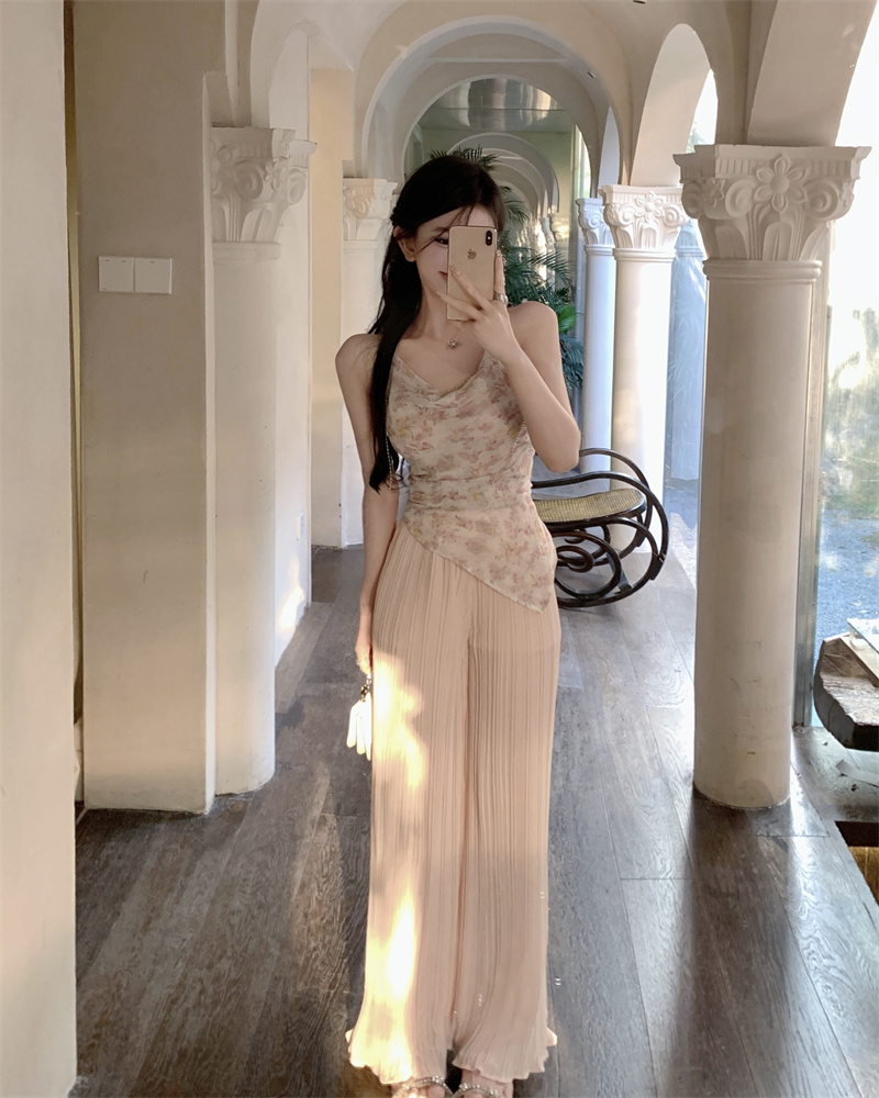 Floral summer small sling high waist wide leg pants a set