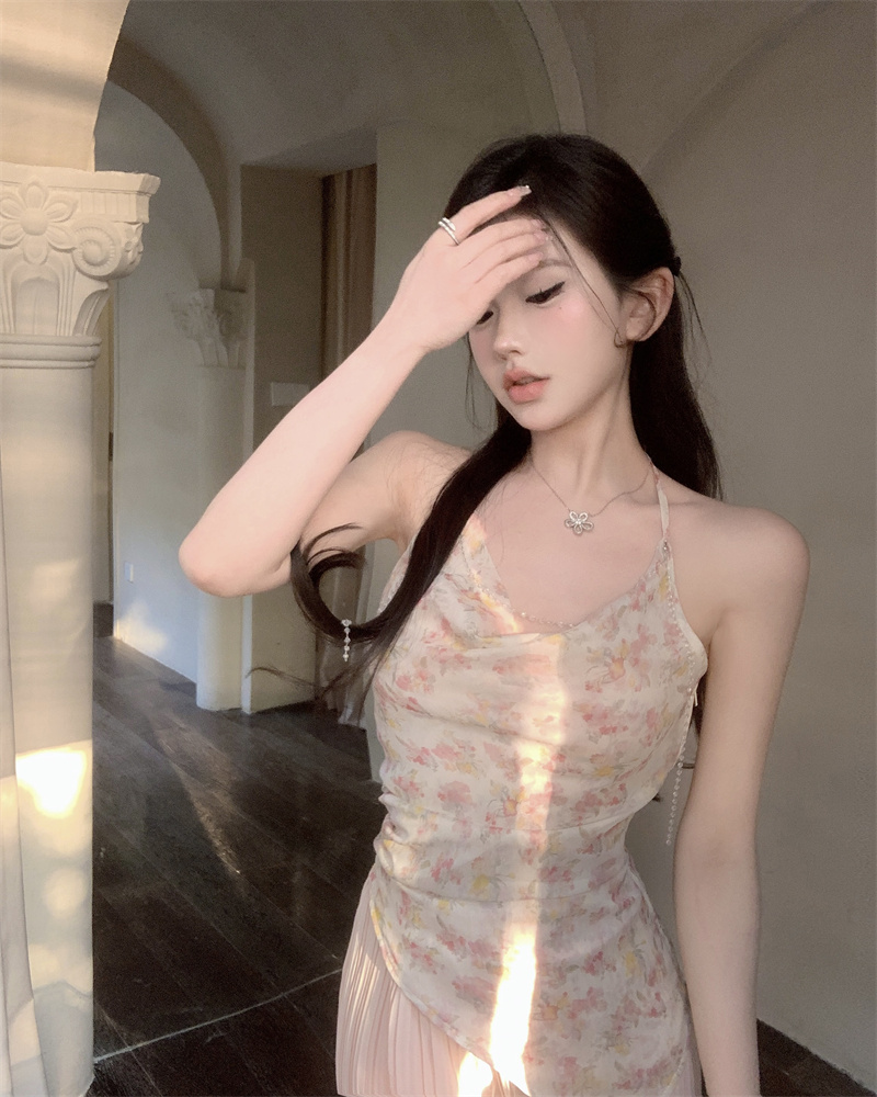 Floral summer small sling high waist wide leg pants a set