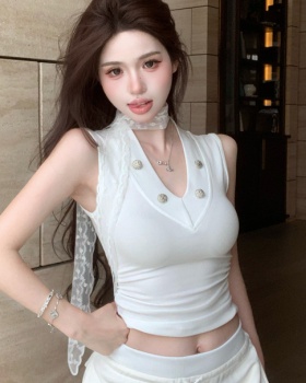 Slim tight lace vest streamer V-neck tops for women