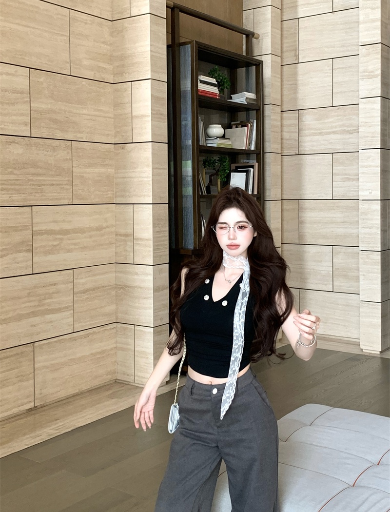 Slim tight lace vest streamer V-neck tops for women