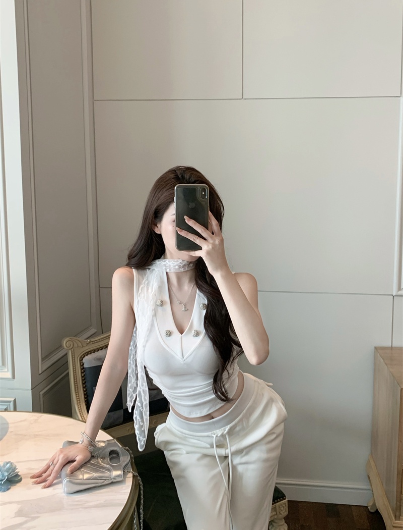 Slim tight lace vest streamer V-neck tops for women