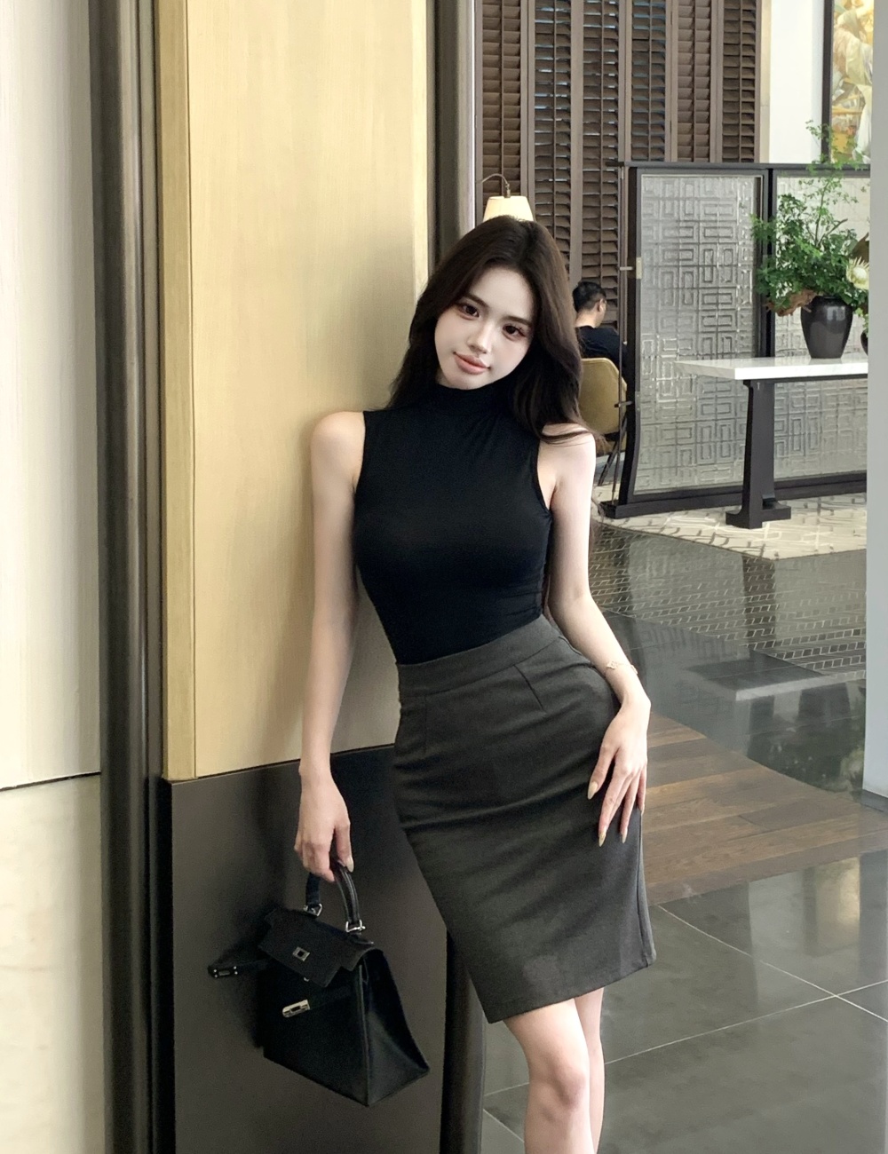 Black high waist vest tight sexy skirt 2pcs set for women