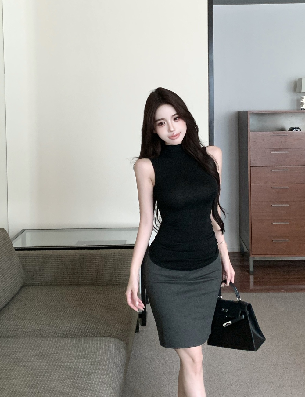Black high waist vest tight sexy skirt 2pcs set for women