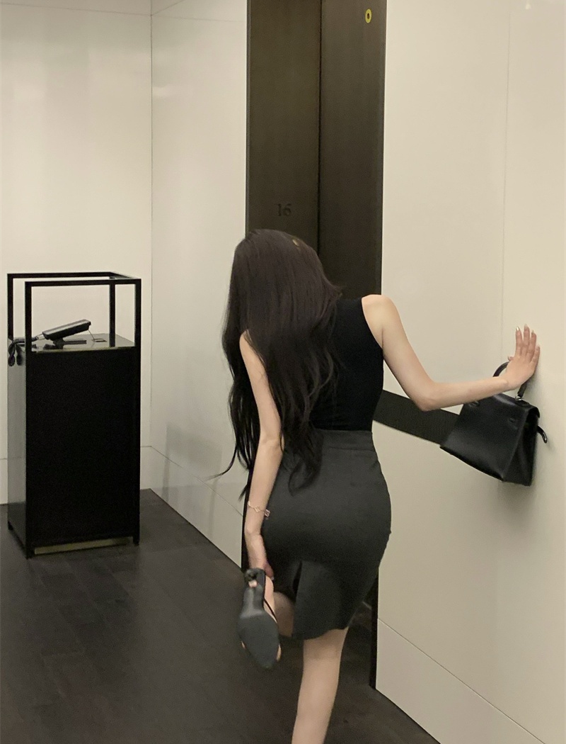 Black high waist vest tight sexy skirt 2pcs set for women