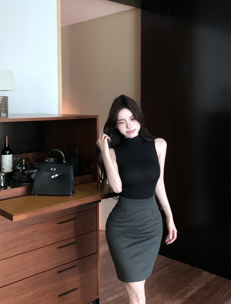 Black high waist vest tight sexy skirt 2pcs set for women