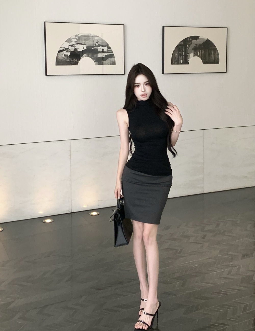 Black high waist vest tight sexy skirt 2pcs set for women