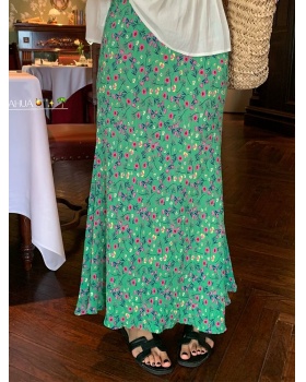 Green floral A-line skirt summer mermaid long skirt for women
