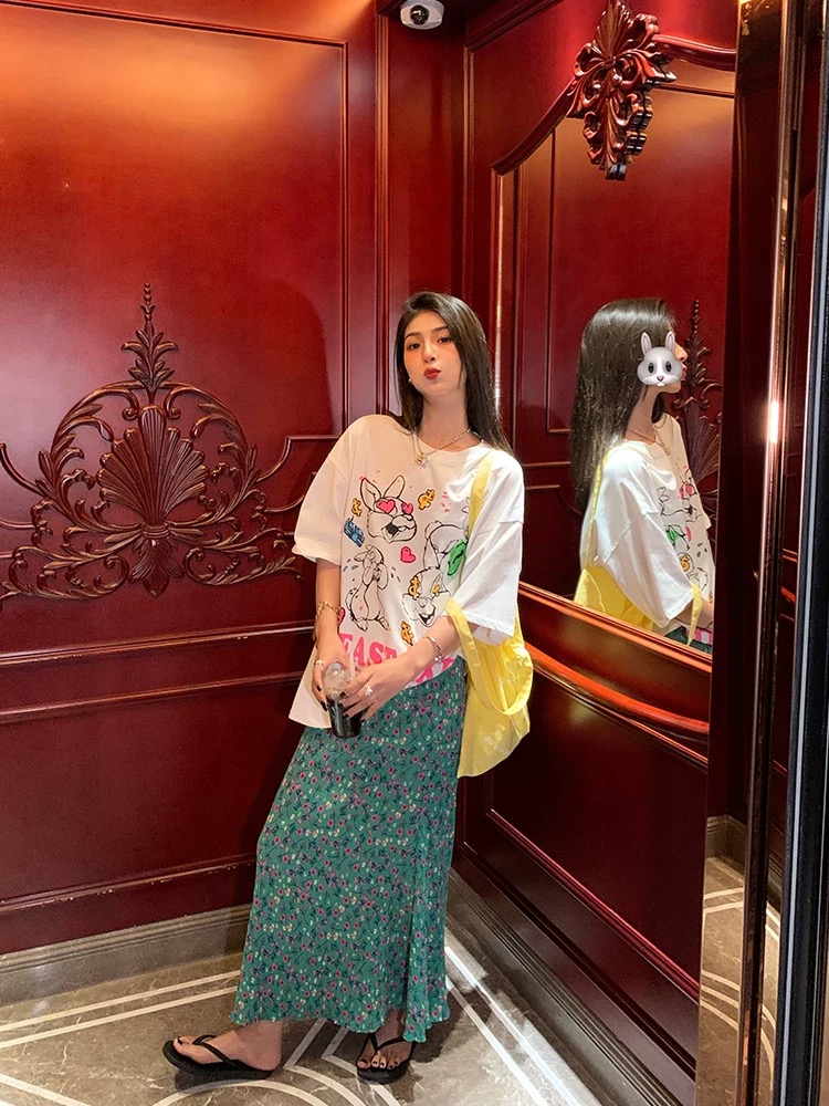 Green floral A-line skirt summer mermaid long skirt for women