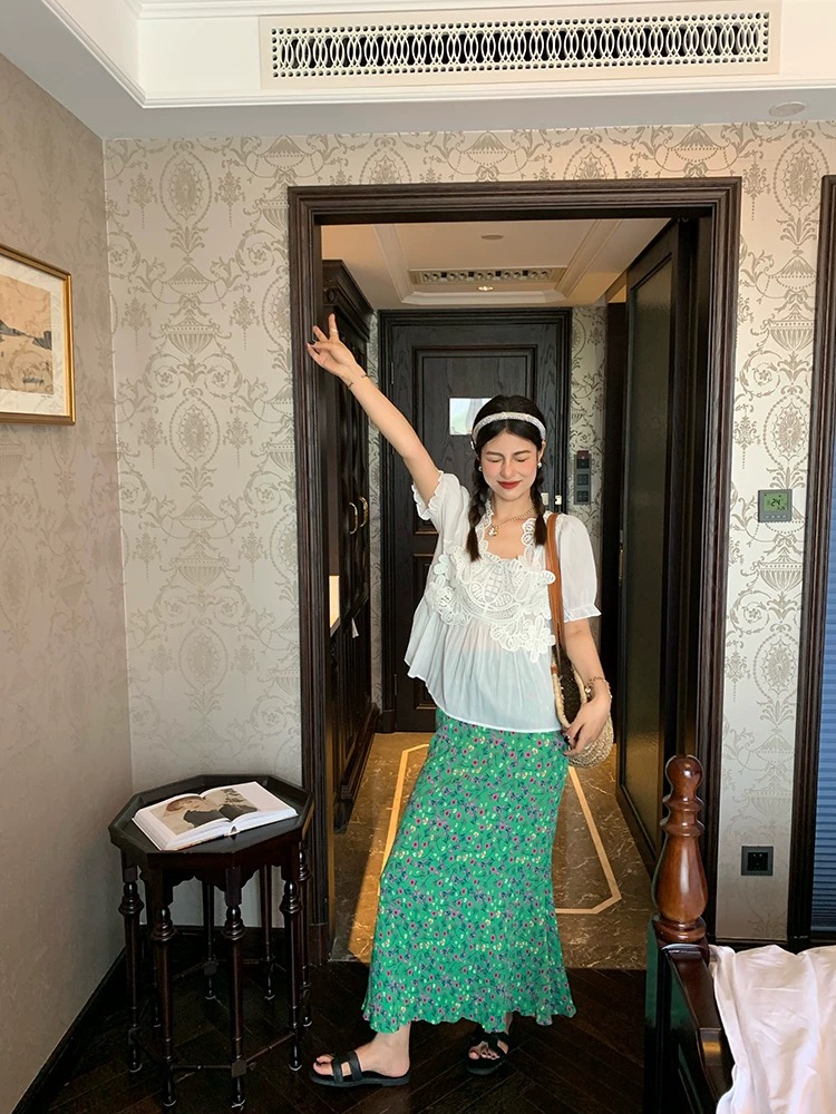 Green floral A-line skirt summer mermaid long skirt for women