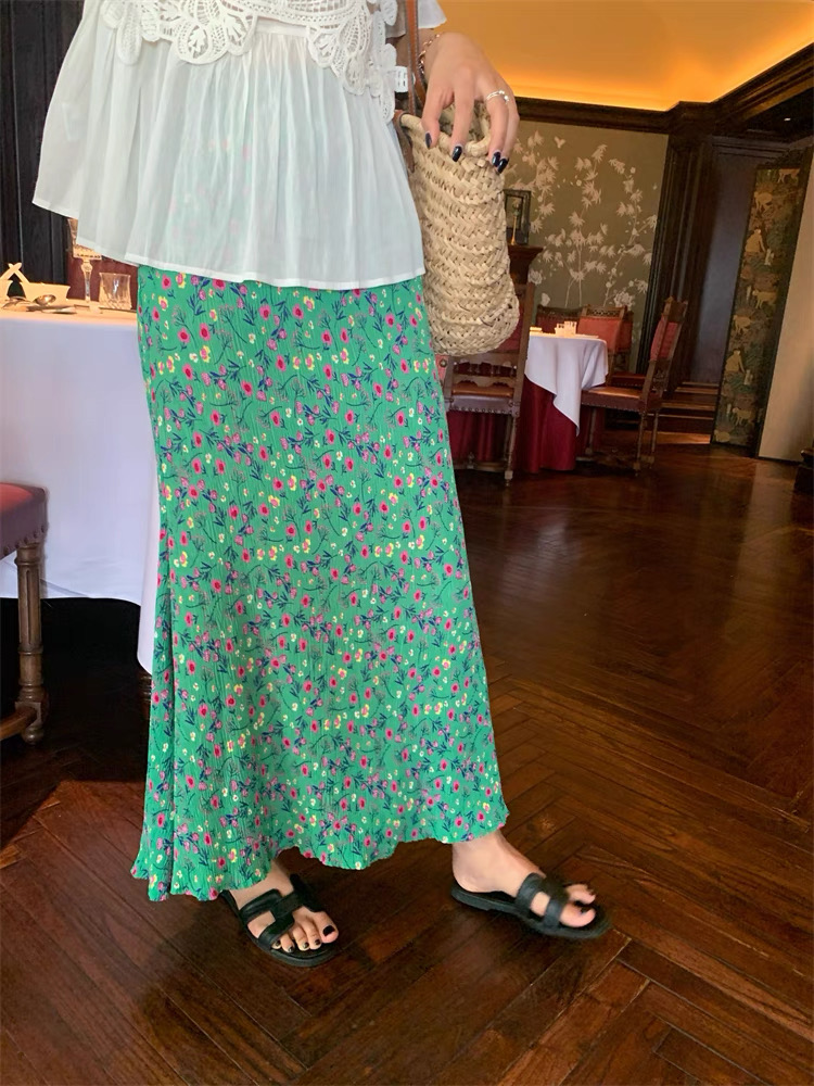 Green floral A-line skirt summer mermaid long skirt for women