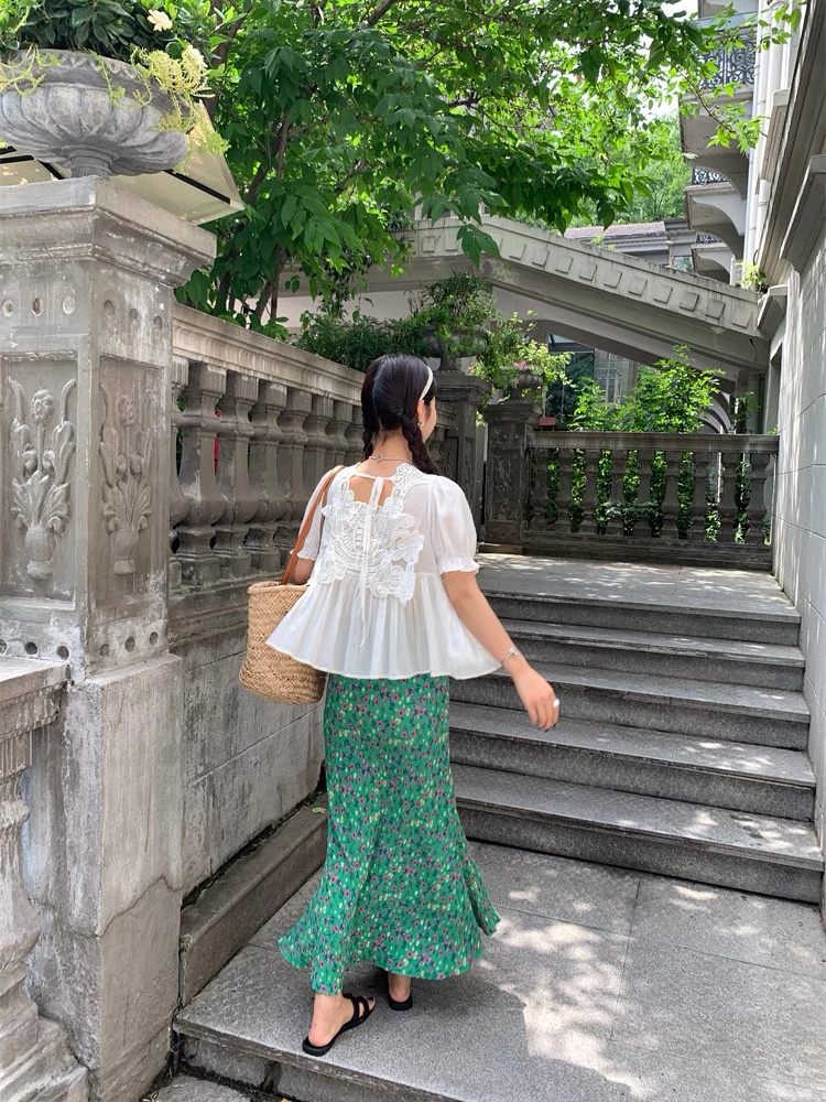 Green floral A-line skirt summer mermaid long skirt for women