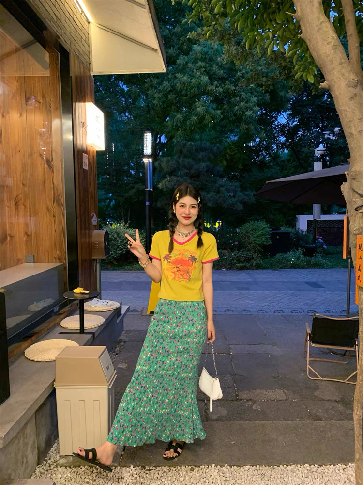 Green floral A-line skirt summer mermaid long skirt for women