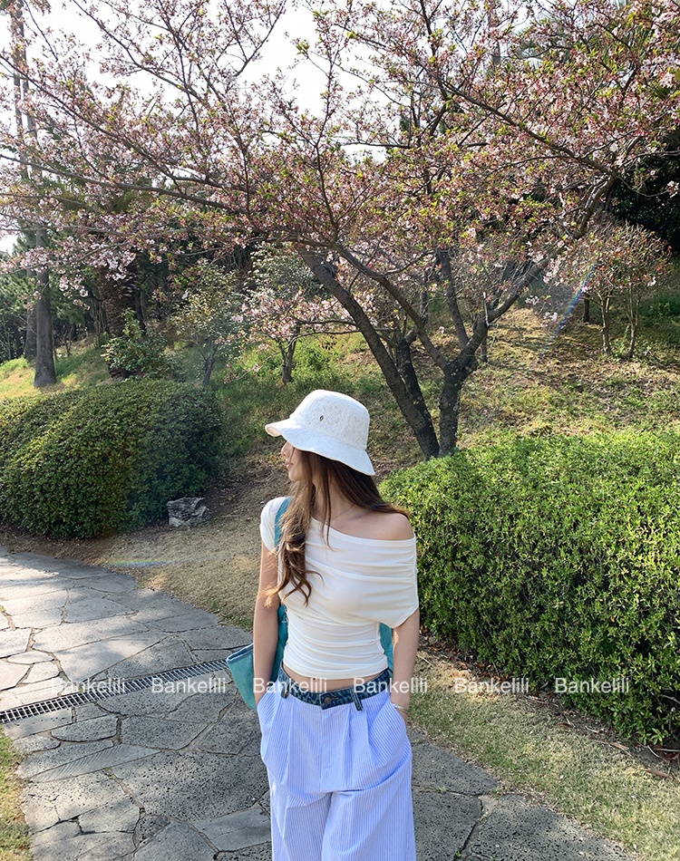 Summer fold T-shirt sloping shoulder niche tops