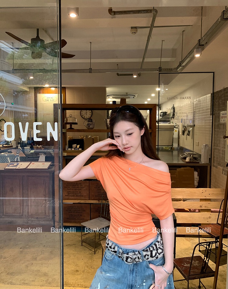 Summer fold T-shirt sloping shoulder niche tops