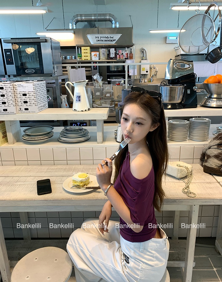 Summer fold T-shirt sloping shoulder niche tops
