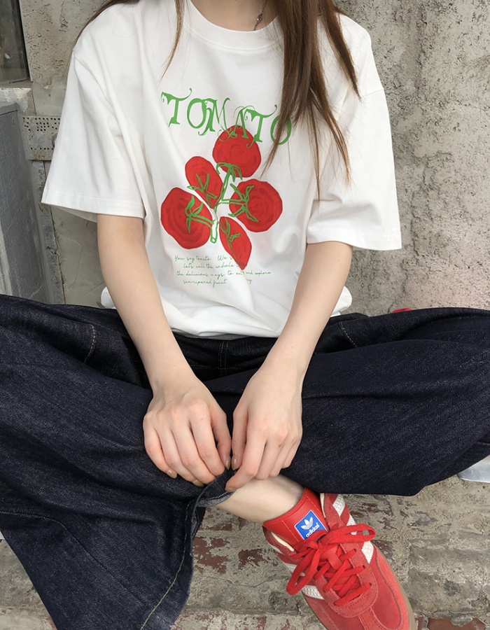 Casual white short sleeve T-shirt loose pure cotton tops