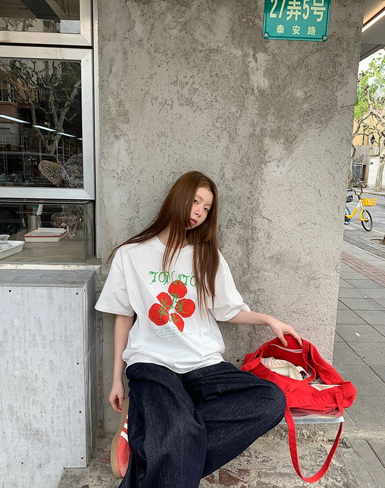Casual white short sleeve T-shirt loose pure cotton tops