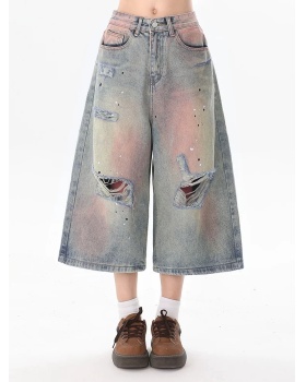 Loose cropped pants washed short jeans for women