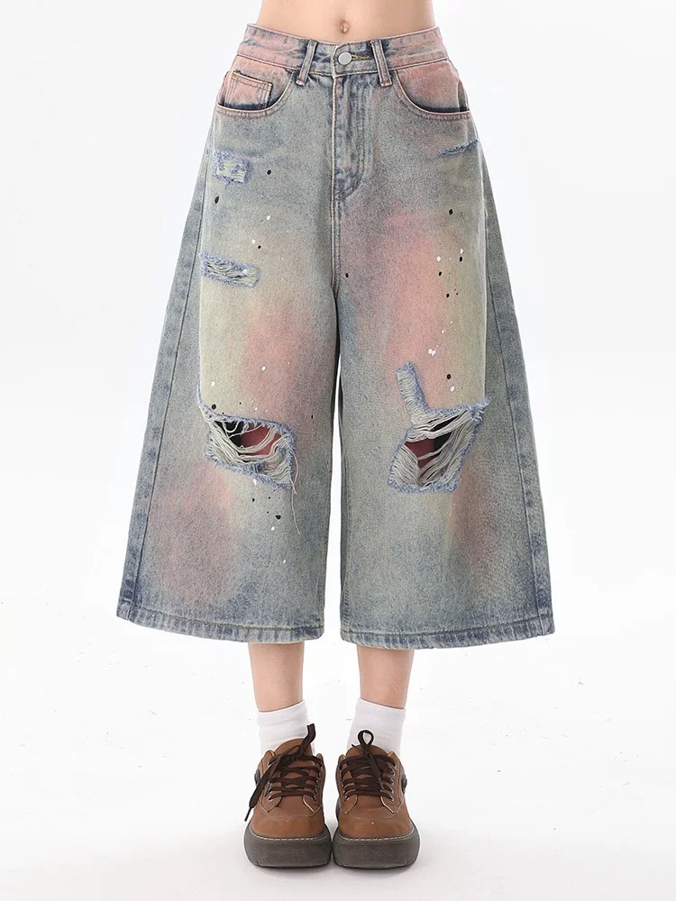 Loose cropped pants washed short jeans for women