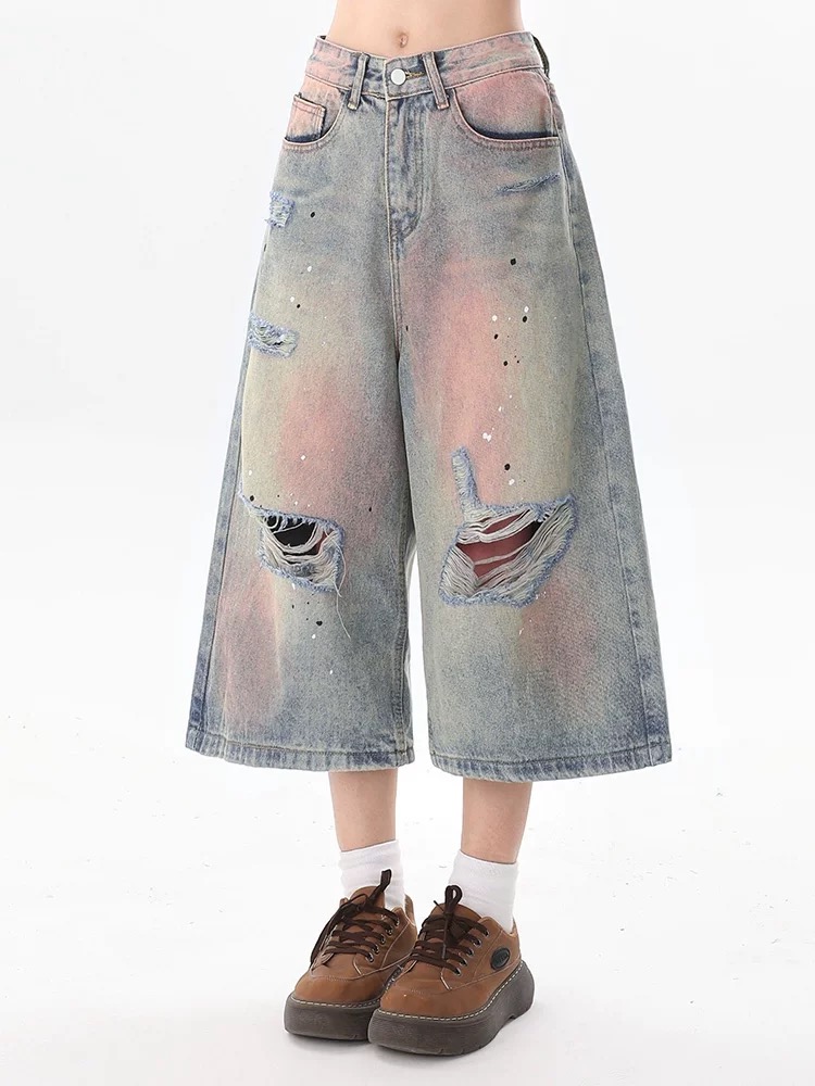 Loose cropped pants washed short jeans for women