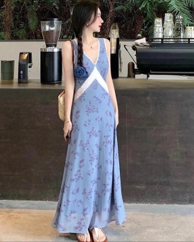 Lace splice vest fresh France style long dress for women