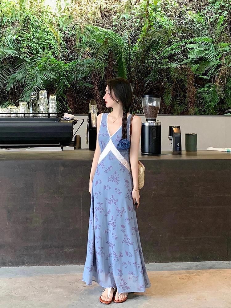 Lace splice vest fresh France style long dress for women