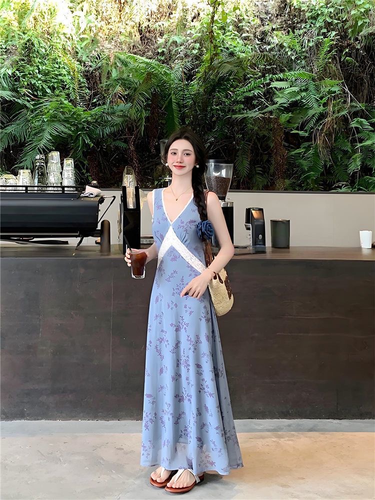 Lace splice vest fresh France style long dress for women