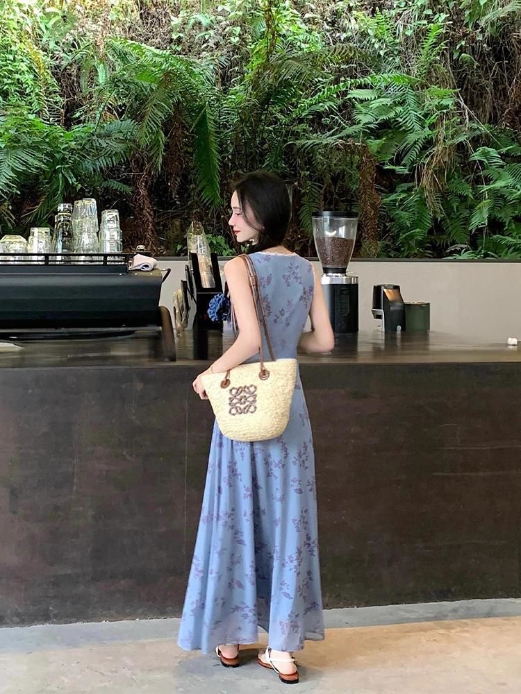 Lace splice vest fresh France style long dress for women
