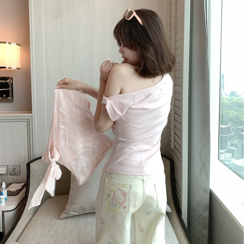 Sloping shoulder good cotton tops Korean style T-shirt