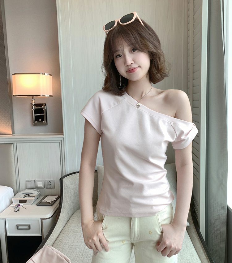 Sloping shoulder good cotton tops Korean style T-shirt