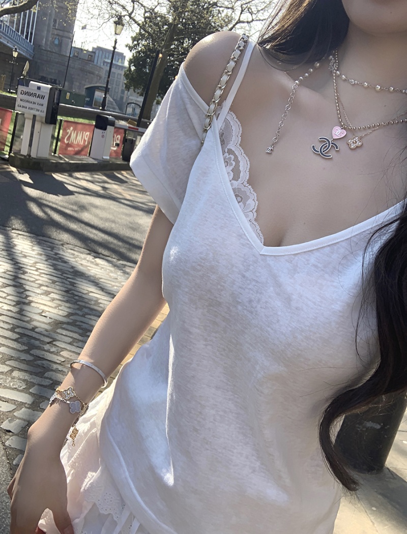 Cotton short sleeve sloping shoulder strapless tops