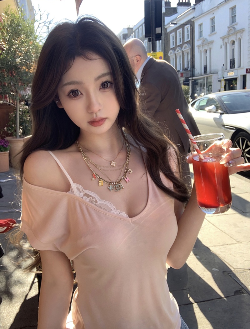 Cotton short sleeve sloping shoulder strapless tops