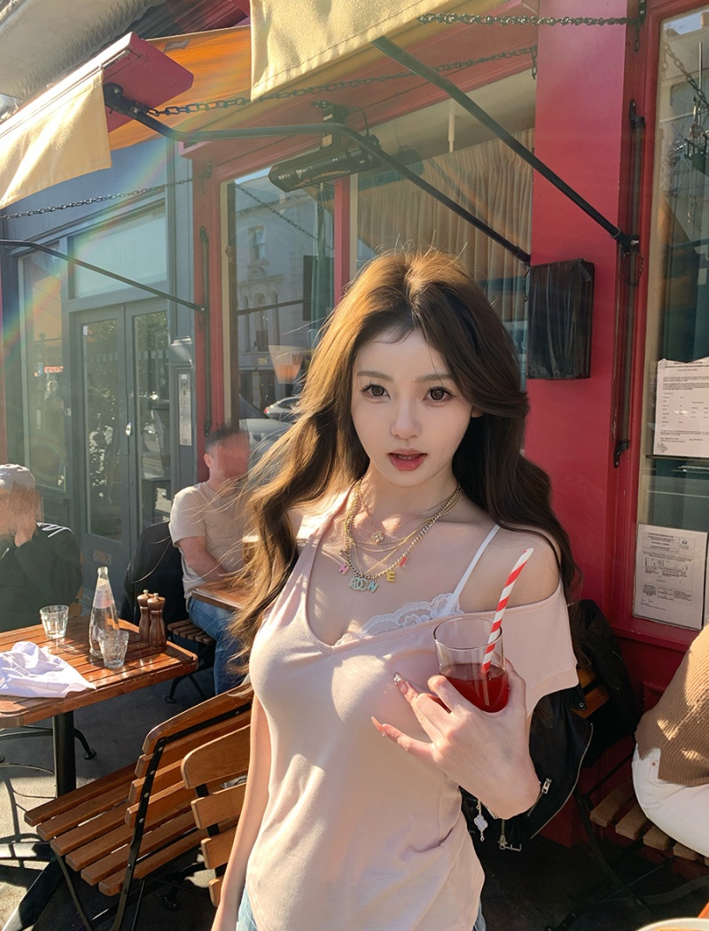 Cotton short sleeve sloping shoulder strapless tops