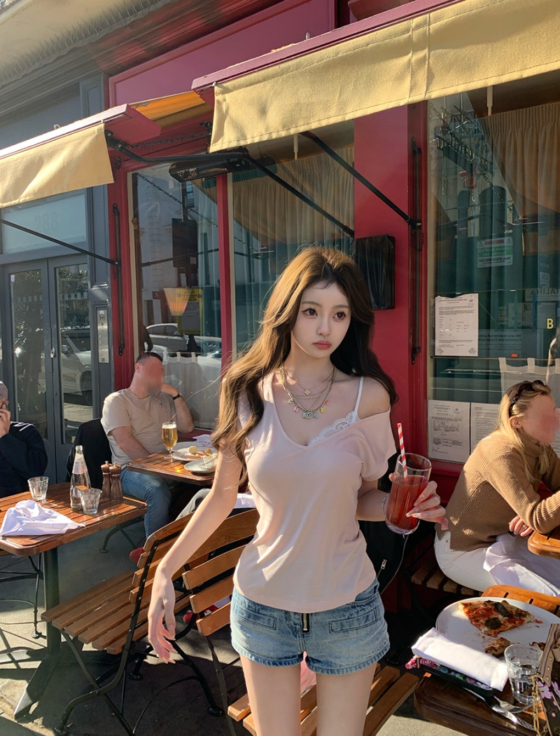 Cotton short sleeve sloping shoulder strapless tops