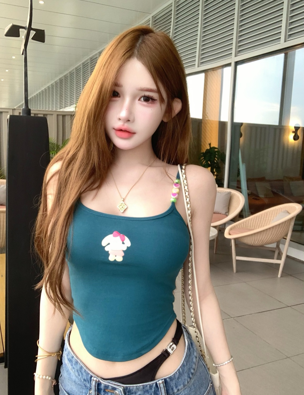 Korean style low collar wears outside spicegirl tops
