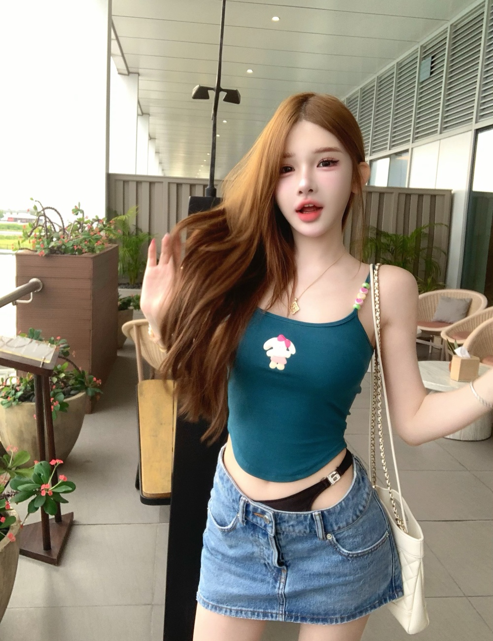 Korean style low collar wears outside spicegirl tops