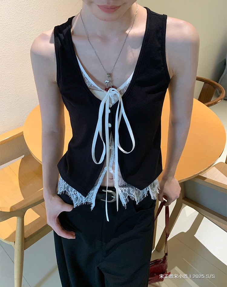 Sleeveless lace black tops Pseudo-two spicegirl vest