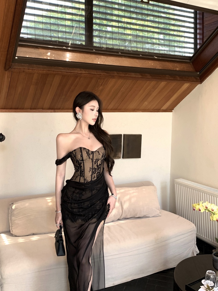 Sling long with chest pad lace hem split spicegirl dress