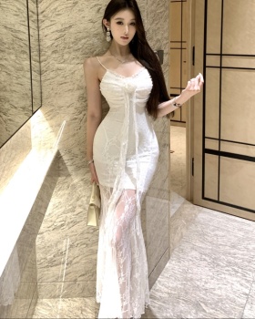 Long zhahua splice lady lace sling commuting dress