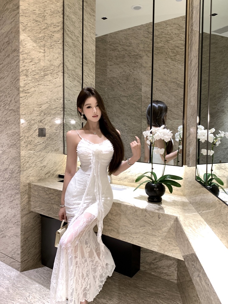 Long zhahua splice lady lace sling commuting dress