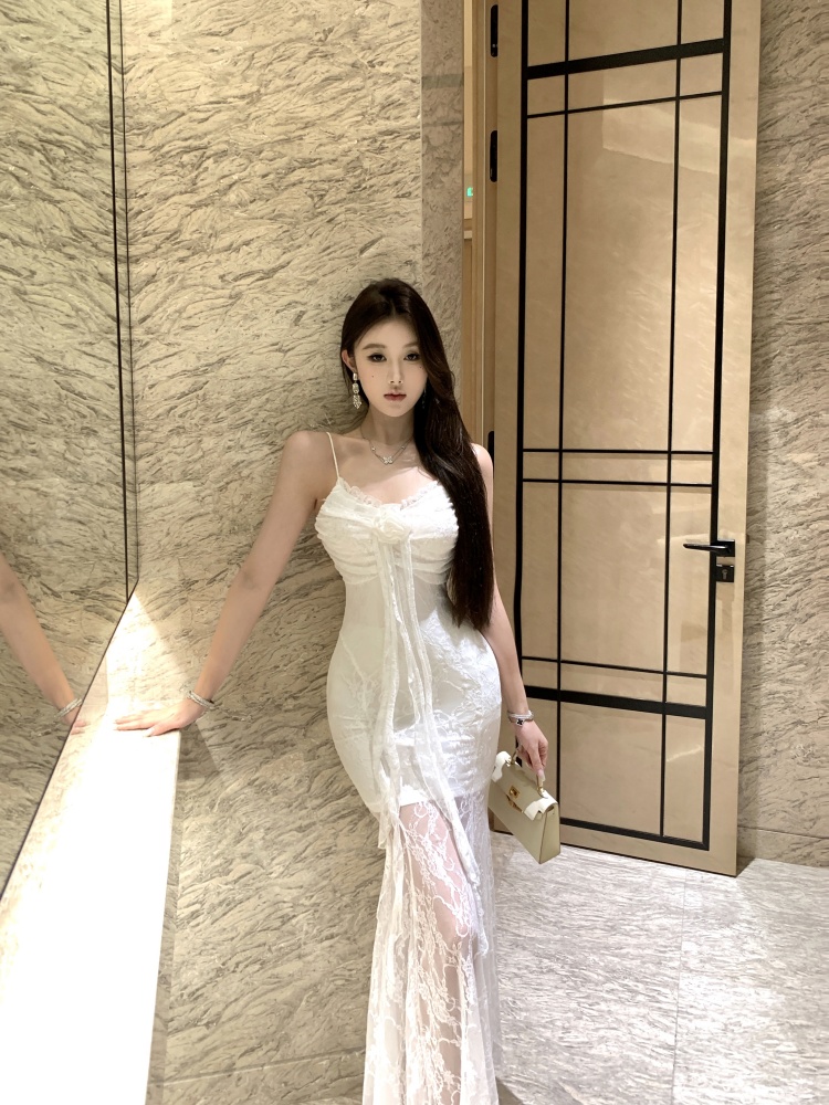Long zhahua splice lady lace sling commuting dress