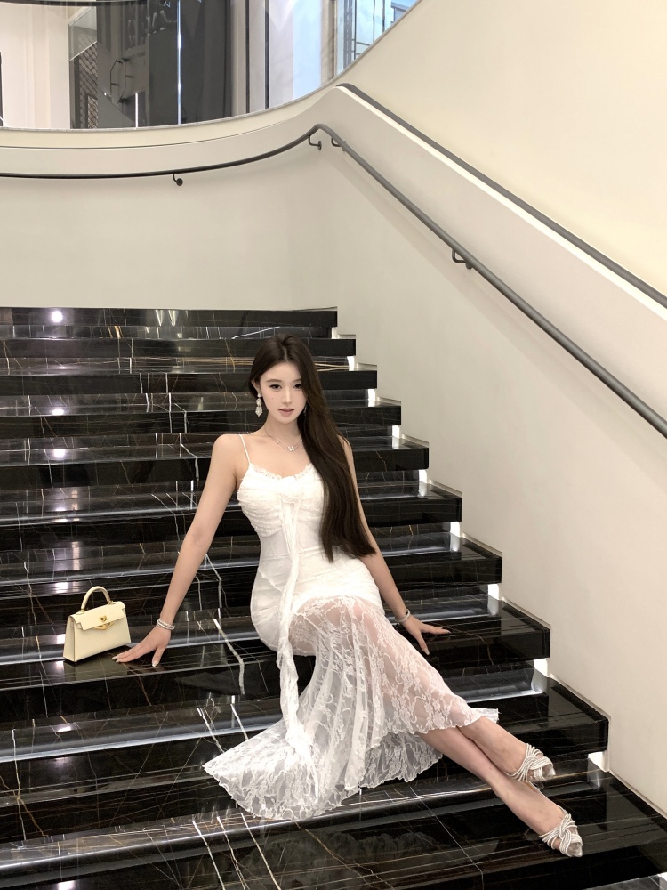 Long zhahua splice lady lace sling commuting dress
