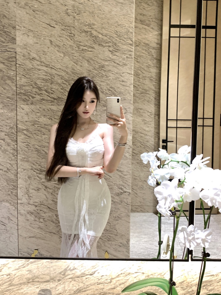 Long zhahua splice lady lace sling commuting dress