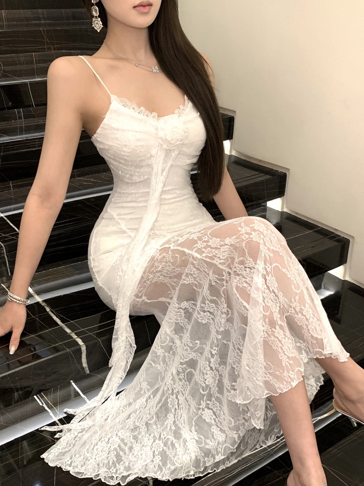 Long zhahua splice lady lace sling commuting dress