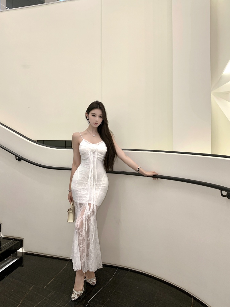 Long zhahua splice lady lace sling commuting dress
