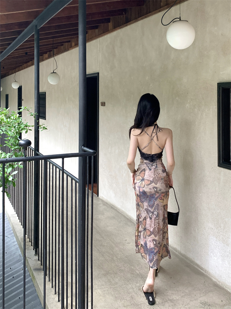 Splice long butterfly printing lace slim dress